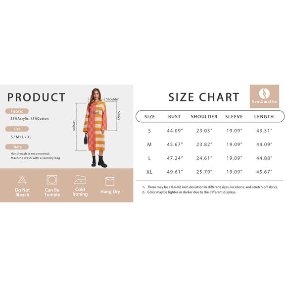 New Small Long Sleeve Crew Neck Striped Checkered Midi Sweater Dress - Picture 3 of 3